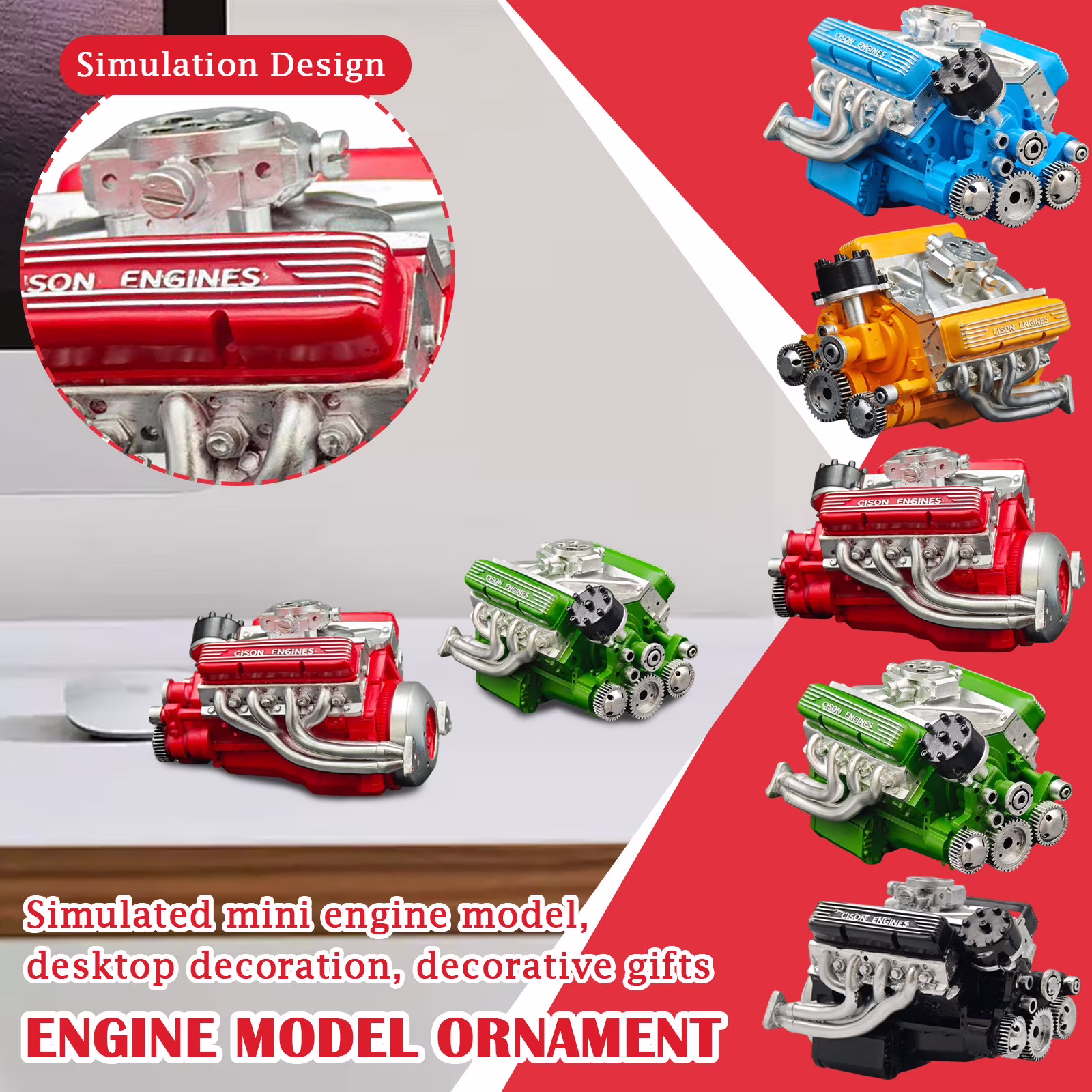 Engine Model V8 Creative Figure Green Cison Engines Toy For Collection Car Enthusiasts(Red)