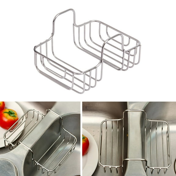Stainless Steel Kitchen Sink Drain Rack with Storage Basket for Sponge and Soap Silver