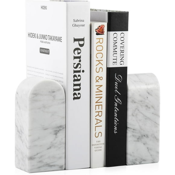 SHIQI-Italian Carrara Marble Bookends for Shelves, Decorative Book Ends, 7lbs Heavy-Duty Marble Book Holders, Bookshelf Apartment Decor for Normal Books/CD/Video Games