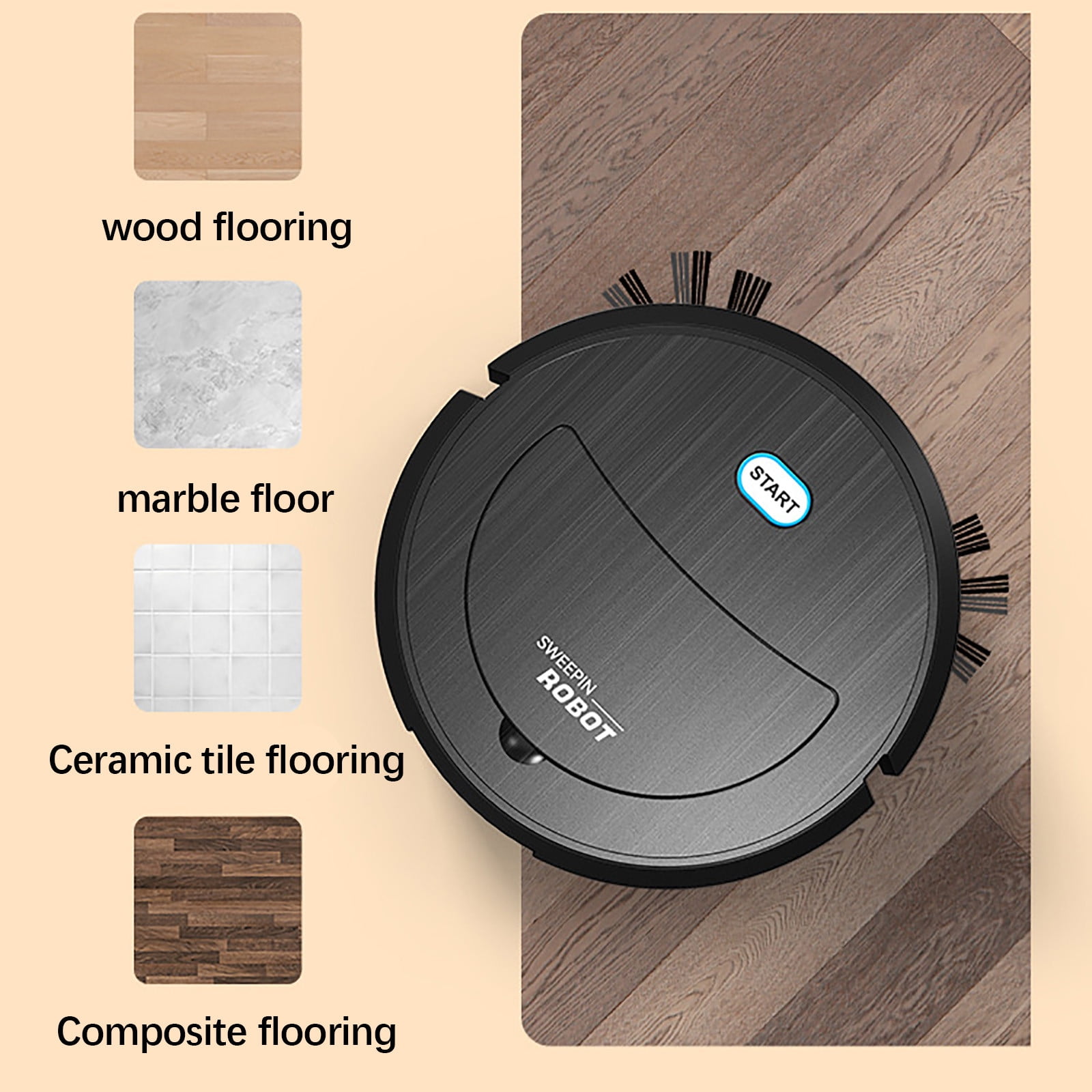 Robot Vacuum Cleaner with Sweeping, Suction, and Mopping Functions, 21.5 cm Diameter, 5.4 W, 60 Min Runtime, USB Charging