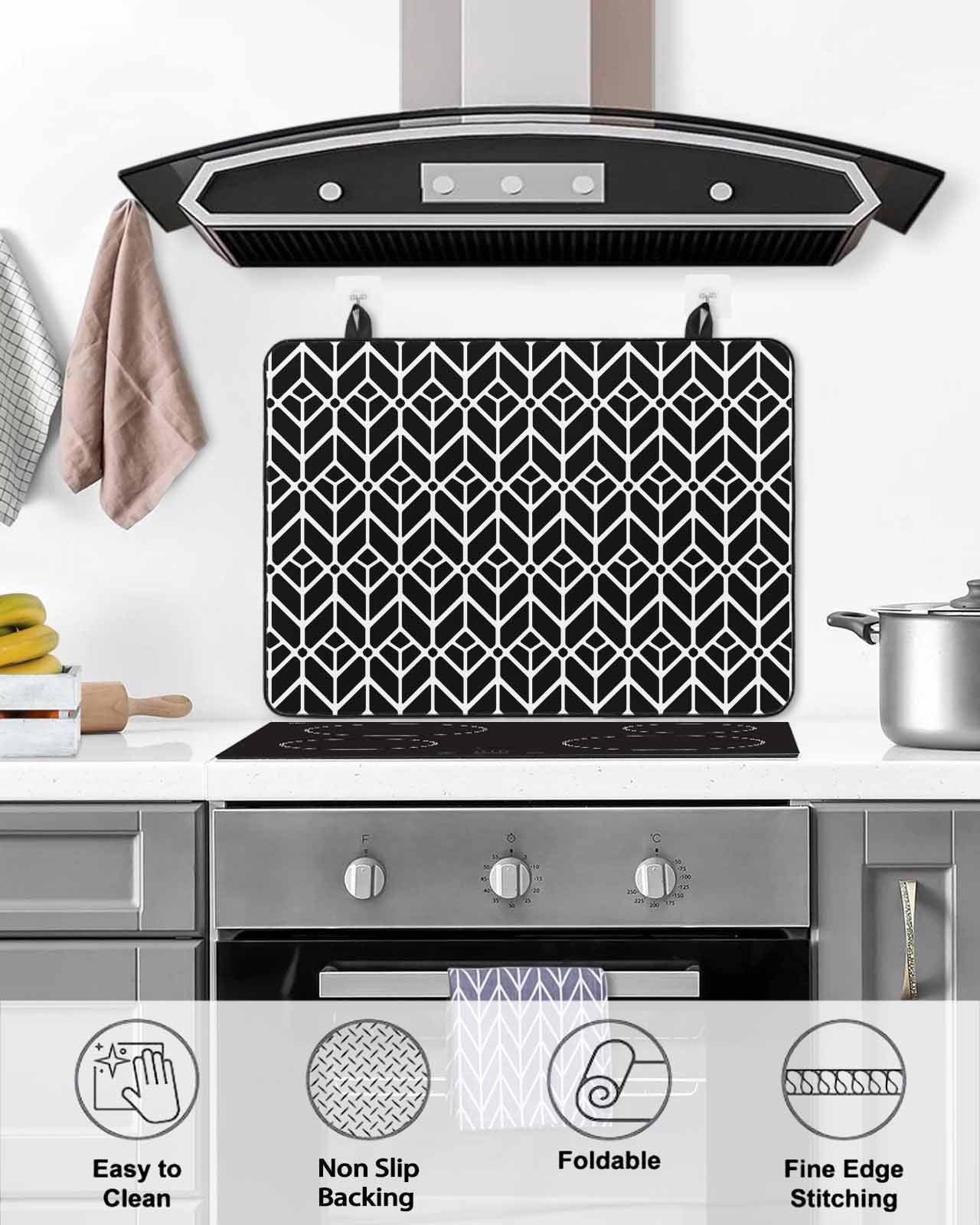 Large Induction Cooktop Protector Mat Geometric Stove Top Covers for Electric Stove, Modern Abstract Lines Texture Black Decorative Stove Burner Cover Mats, Glass Top Stove Cover