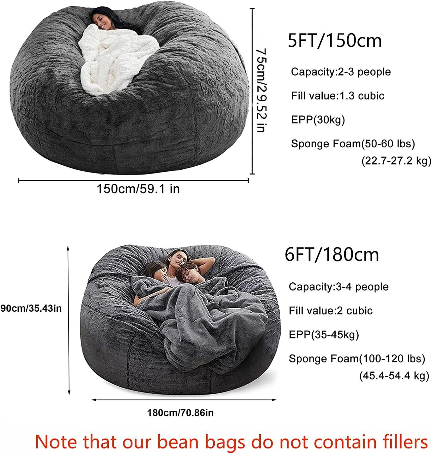 HDMLDP Bean Bag Chair for Adults Kids Without Filling Comfy Fluffy Giant  Round Beanbag Lazy Sofa Cover for Reading Chair Floor Chair, 6FT, Black