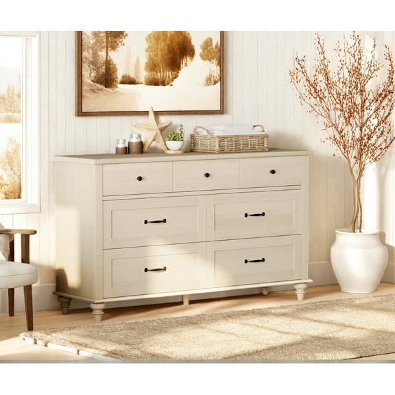 Mid Century Dresser with 7 Drawers, Wooden Kids Dresser for Kids Room Living Room, Beige