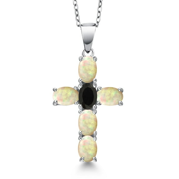 Gem Stone King 925 Sterling Silver White Ethiopian Opal and Black Onyx Cross Pendant Necklace for Women | 2.00 Cttw | Gemstone October Birthstone | Oval Cabochon 6X4MM | With 18 inch Chain