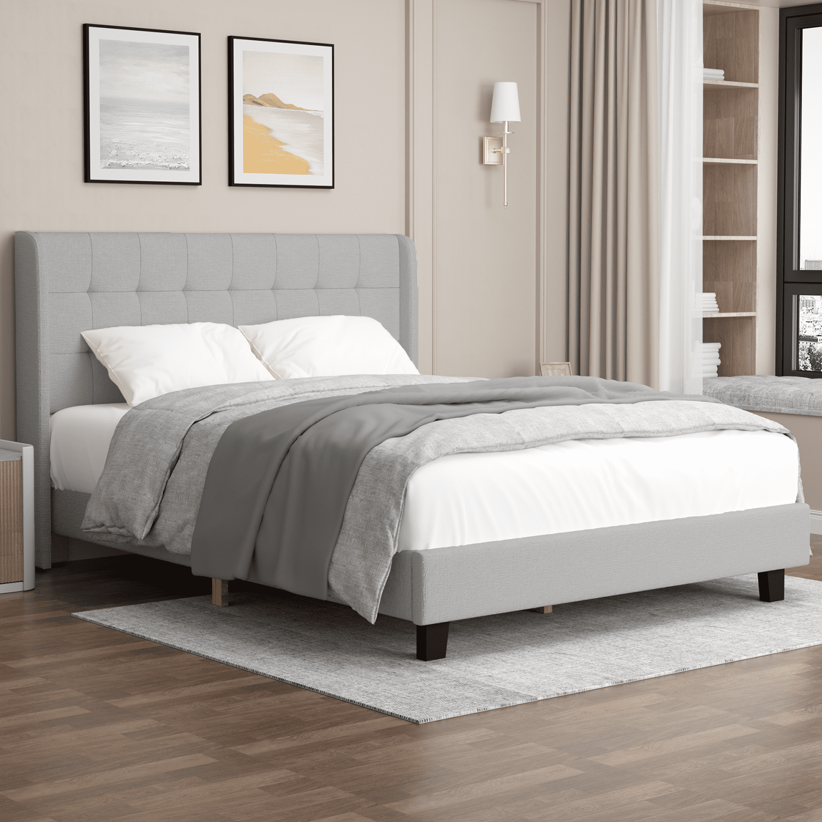 Nathaniel Home, Cotton Linen Beds, Queen Beds Frame, Tufted Upholstered Bed with Wingback, Low Profile Platform Beds, Strong Wooden Slats, Gray Adult