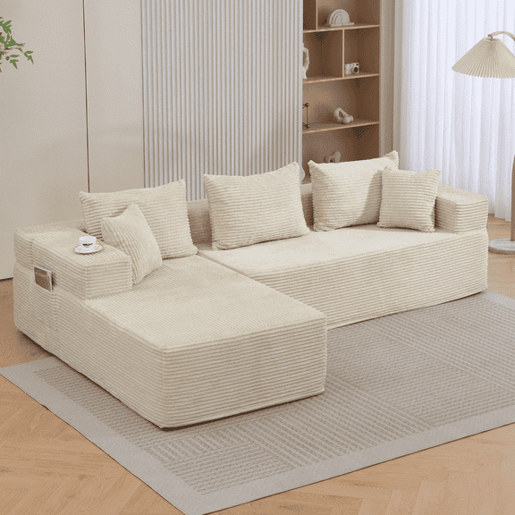 DELMANGO Modular Sectional Sofa with L-Shape Chaise, Corduroy Boneless Couch Set for Living Room, No Assembly Required, Beige