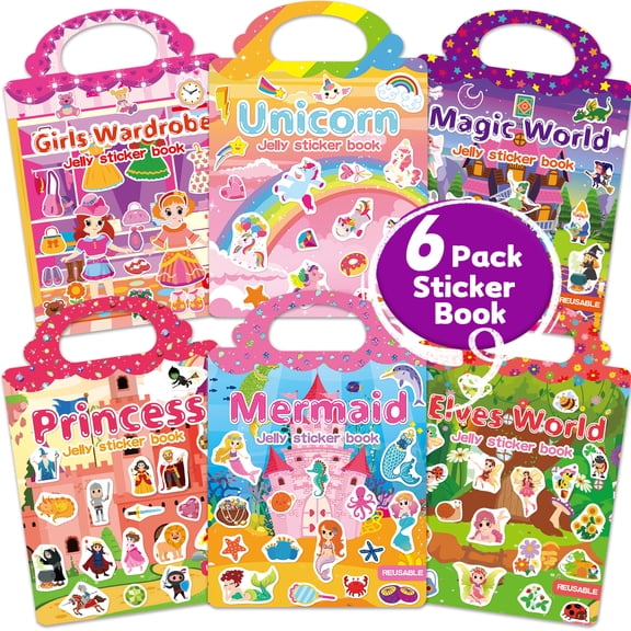 6 Sets Reusable Sticker Book for Toddlers 3-6, Jelly Stickers Book for Kids, Travel Sticker Activity Toys for Childs 3 4 5 6 Years Girls & Boys Best Gifts