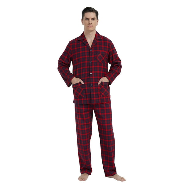 Apparonia Conjunto de Pijamas para Hombre Pijamas de Algodón con Cuello con Muescas para Hombre Ropa de Dormir de Manga Larga para Hombre con Bolsillos y Frente Fly Escarlata Dinámico S