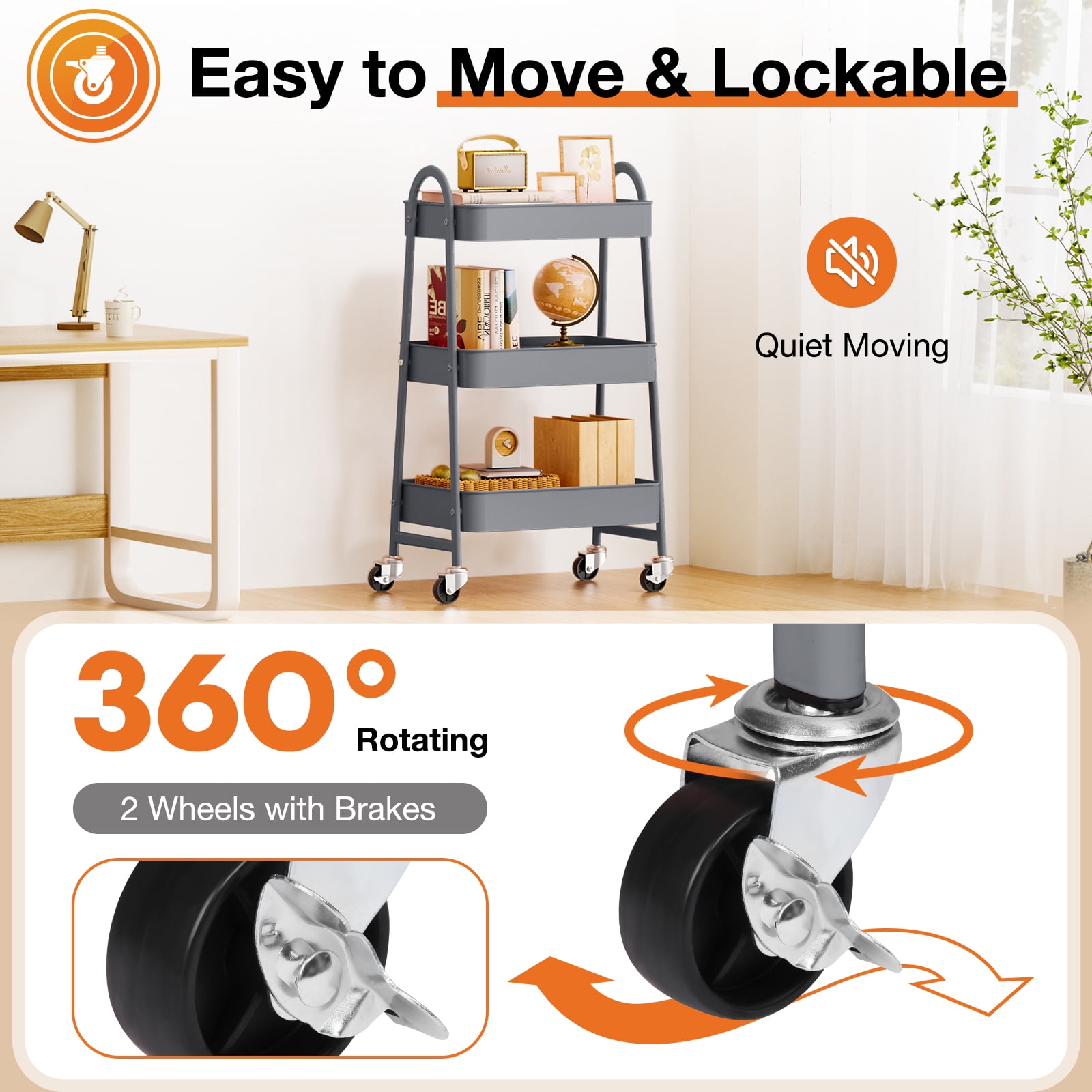 3-Tier Rolling Metal Storage Cart with Locking Casters, Utility Organizer for Kitchen, Bathroom, Laundry, and Office