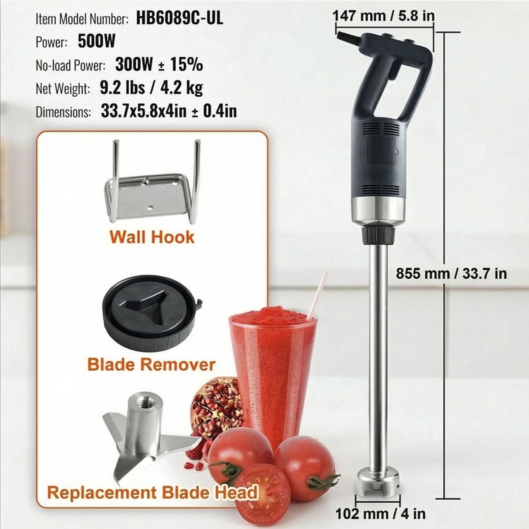 500W Commercial Immersion Blender, 20" Removable 304 Stainless Steel Shaft, Variable Speed 4000-16000 RPM
