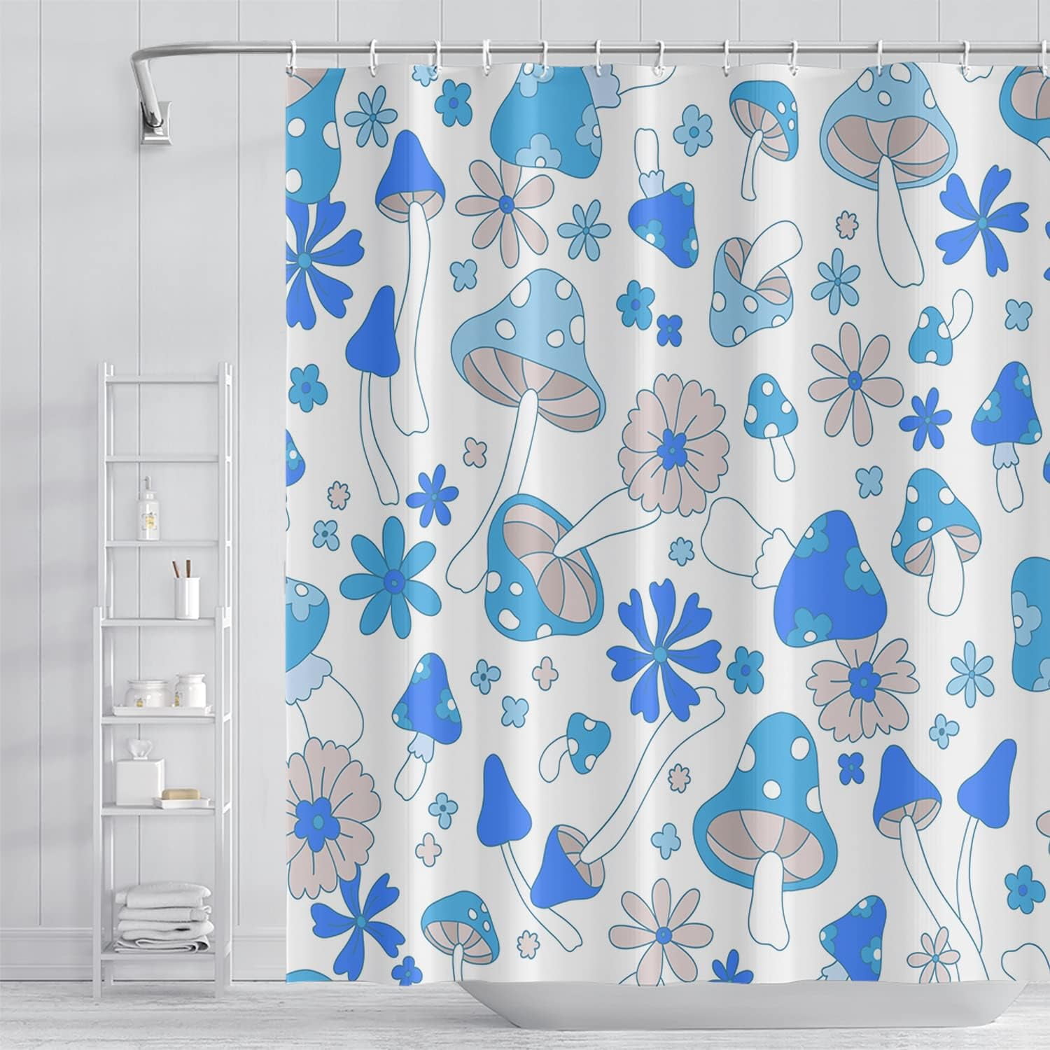 Blue Mushrooms Bathroom Shower Curtain Retro 70s 60s Funky Floral Hippie Boho Style Shower Curtain Washable Durable Fabric Home Decorative Shower Curtain with Hooks, 36x72 Inch