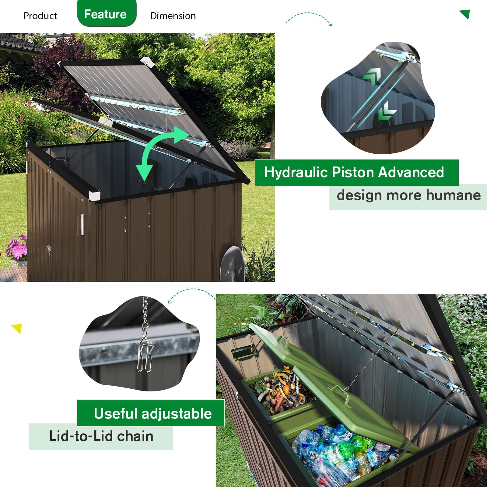 AECOJOY 46 Cu ft. Outdoor Horizontal Storage Shed Wastebasket Enclosure Container Metal Garbarge Shed in Brown