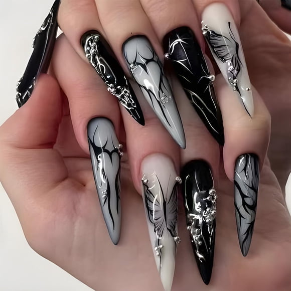 Press on Nails SINHOT Stiletto Long Black Butterfly 24 unidades
