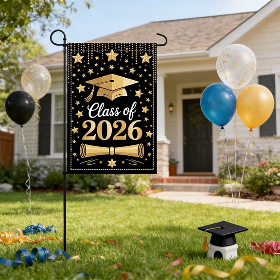 Durable Graduation Season Outdoor Garden Flag with Cap and Balloon Designs, Photo Backdrop Banner for Patio and Yard, Festive Campus Celebration Decor, Polyester Hanging Cloth