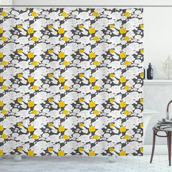Rose Shower Curtain, Hand Drawn Style Retro Romantic Blossoms in Yellow and White Tones, Fabric Bathroom Set with Hooks, 69W X 70L Inches, Charcoal Grey Yellow and White, by Ambesonne
