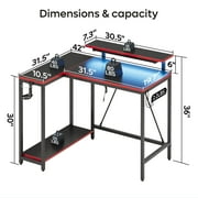 Pinmoco 42 Reversible L-Shaped Gaming Desk with Monitor Stand, LED Lights& Headset Hooks, Home Office, Carbon Fiber Black