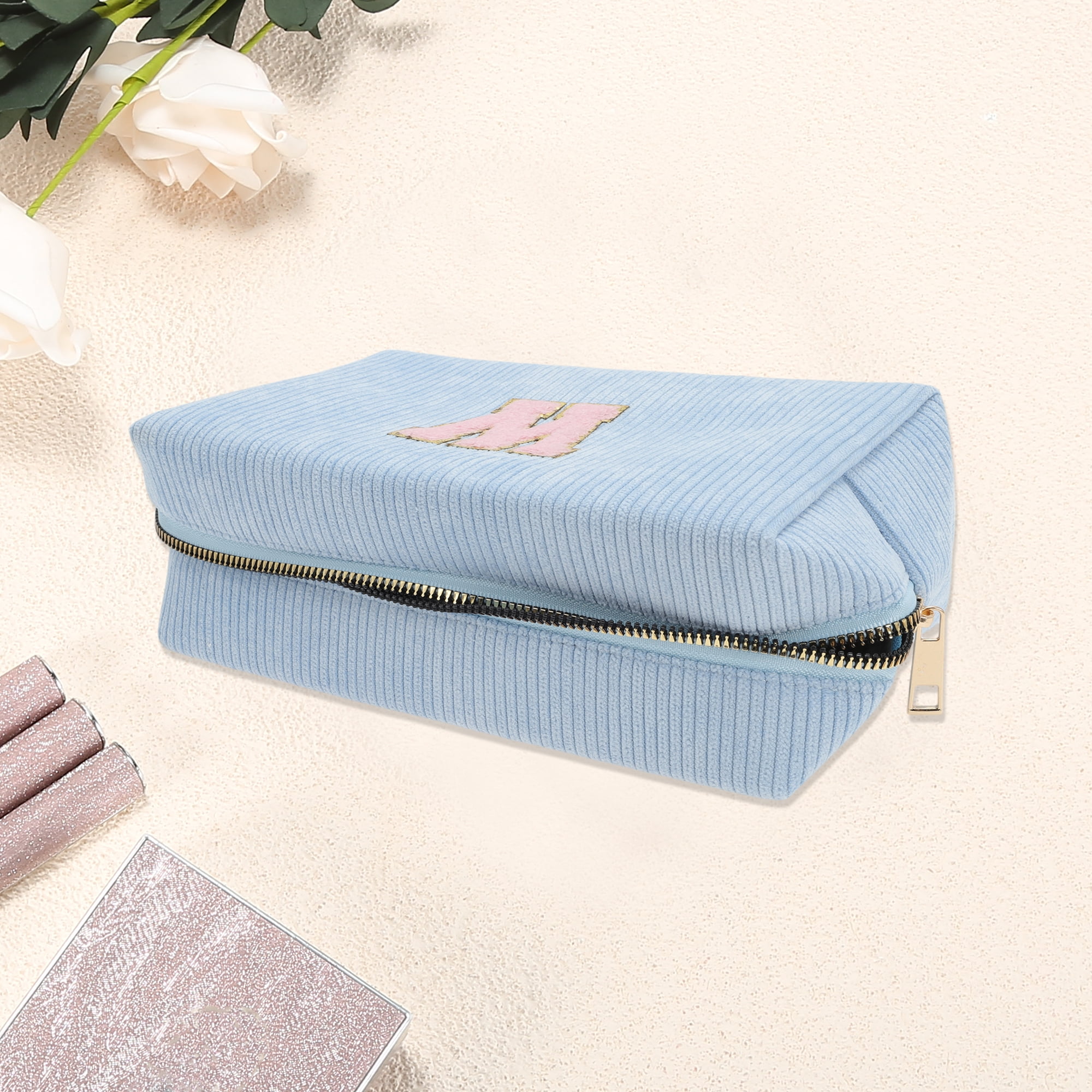 Unique Bargains 1 Pc Corduroy Rectangular Letter Makeup Bag Sky Blue [Letter W]