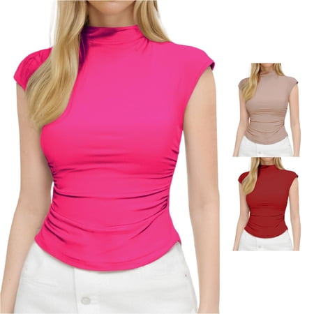 Hauaitttt Women s Summer Semi High Neck Solid Color Slim Fit Sleeveless Girl Style Vest Padded Shirt Fitted Shirt Girls 3x Blouses Women 2 Tee Camisole Sheer Bodysuit Muscle Shirt Womens Satin Tops
