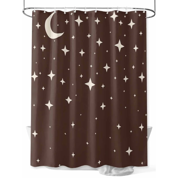 Shower Curtain Brown Starry Night Bathroom Curtains with Hooks, Waterproof Fabric Stars Moon Bath Shower Curtains Set for Bathroom Bathtubs Decor 36x72 Inch