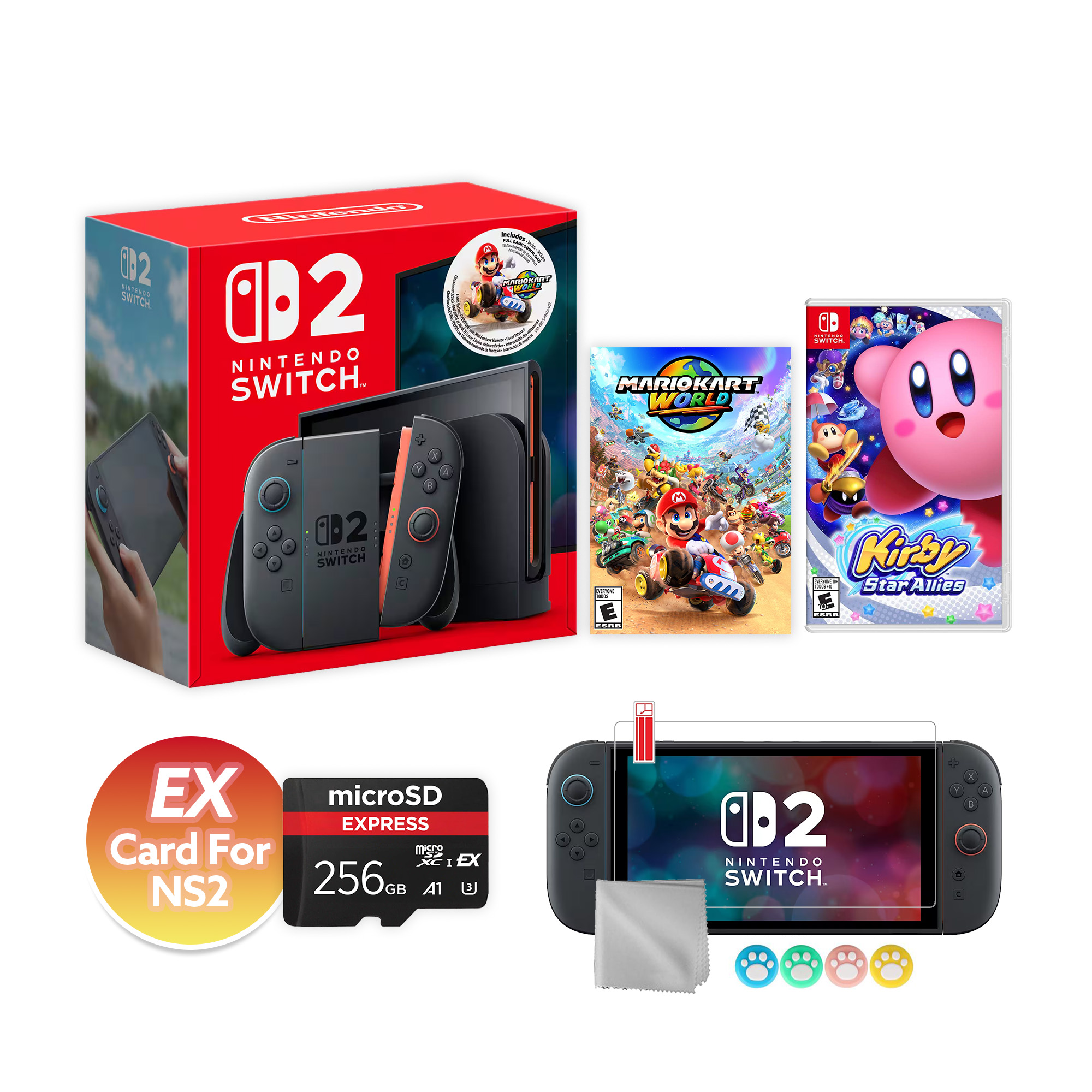 Nintendo Switch 2 Mario Kart World Bundle 256GB + 256GB MicroSD EX Card For NS2, 7.9-Inch 1080P Screen, Joy-Con 2 with Mouse Sensor, Dock, with Kirby Star Allies NS1 Game & Accessories