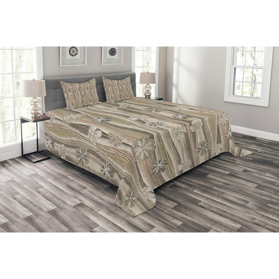 Ambesonne Floral Quilted Bedspread Set 3 Pcs, Flowers on Wavy Stripes, Queen Size, Dark Brown Sand Brown