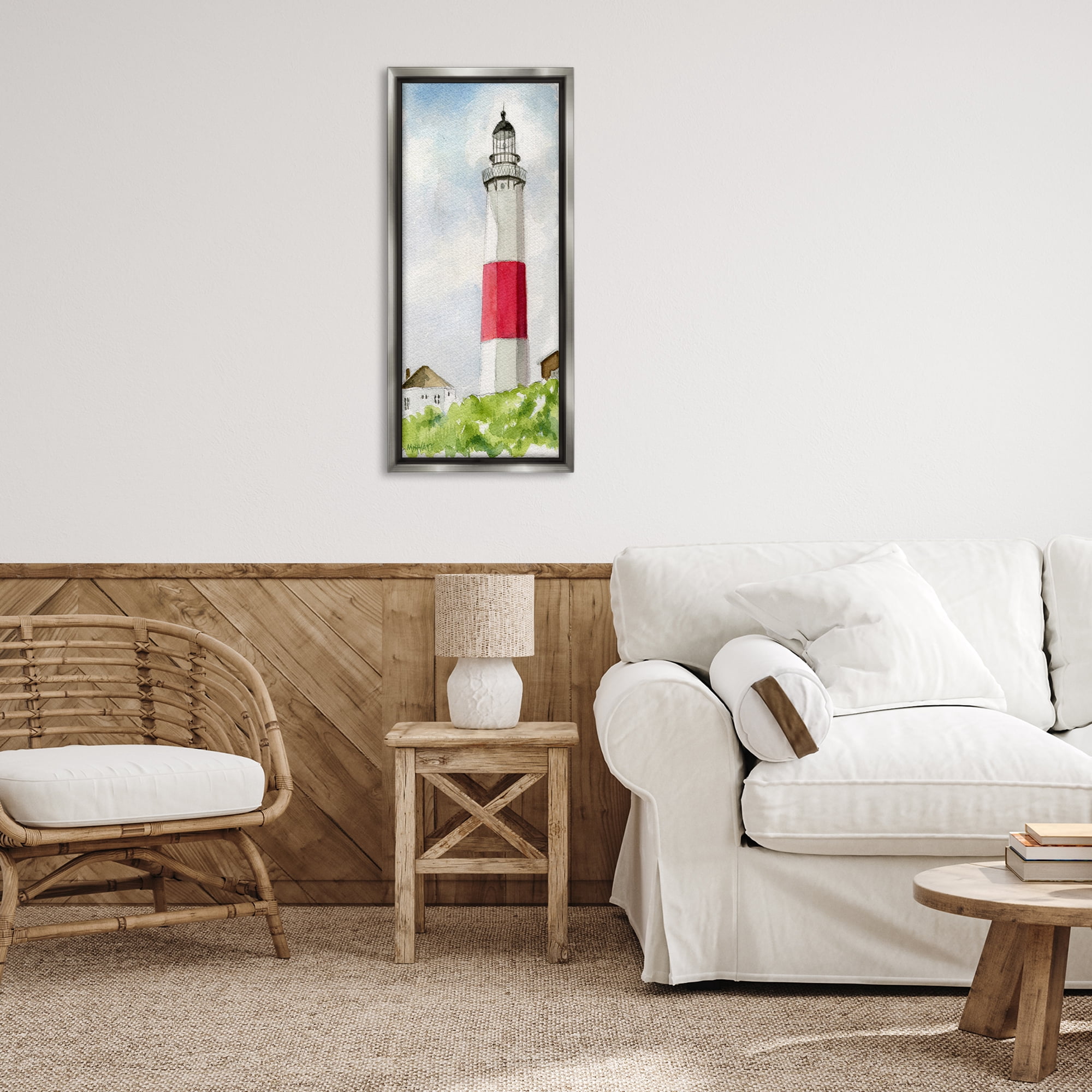 Stupell Industries Montauk Lighthouse View Nautical & Beach Painting Gray Floater Framed Canvas Art Print Wall Art, 14 x 31