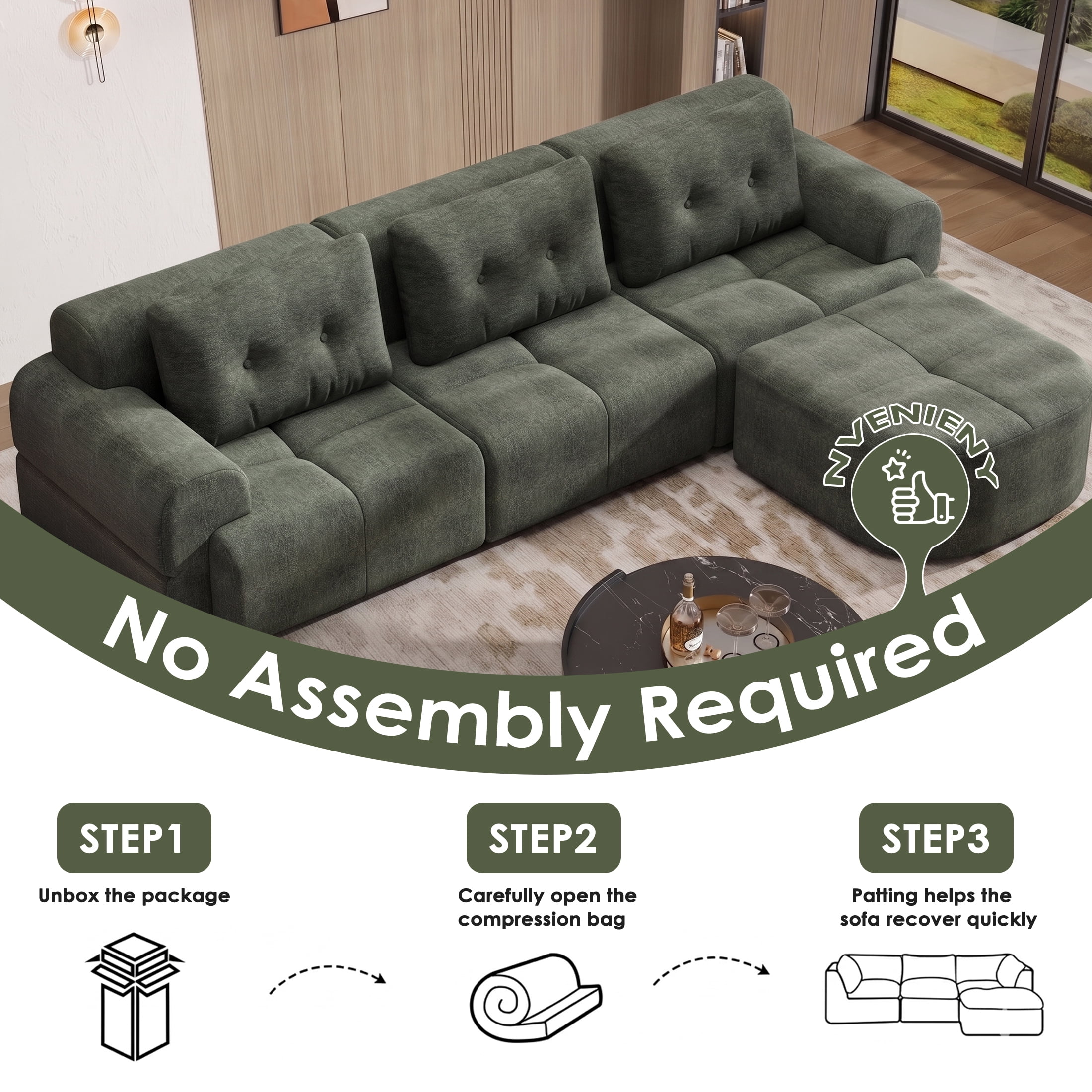 AISWORD 112" Modern L Shaped Modular Sectional Sofa, Cloud Sectional Deep Seat Couch, 4 Seater High-Density Memory Foam Couch Chenille Sofa, Boneless Couches for Living Room, No Assembly, Green