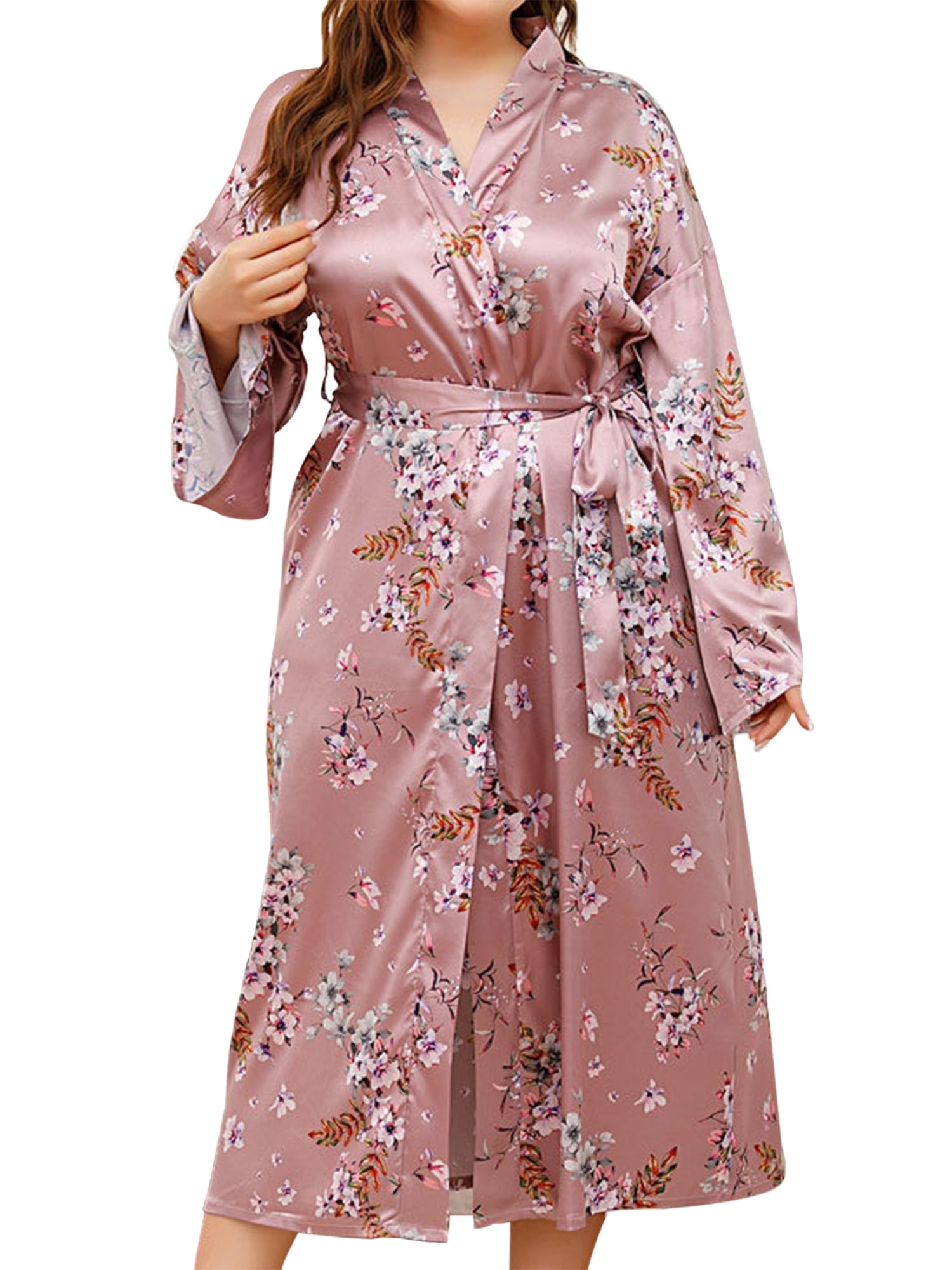 Glookwis Kimono Robe for Plus Size Women Long Floral Satin Robes Kimono ...