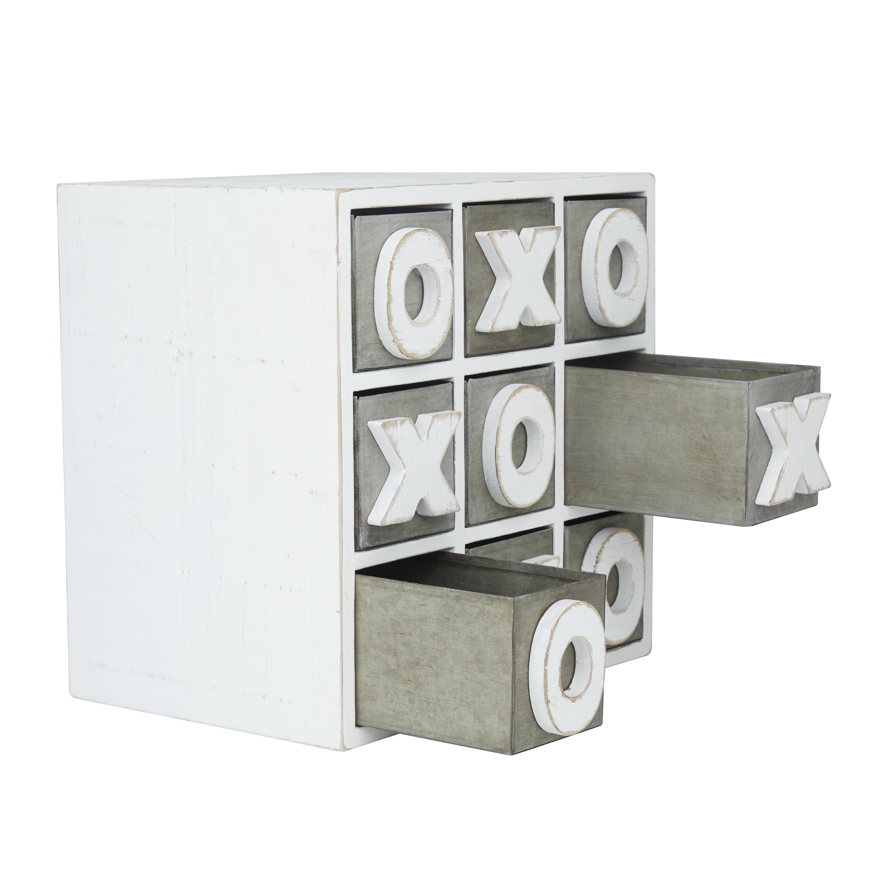 DecMode 11" x 11" White Wood Cabinet with X and O Shelves, 1-Piece