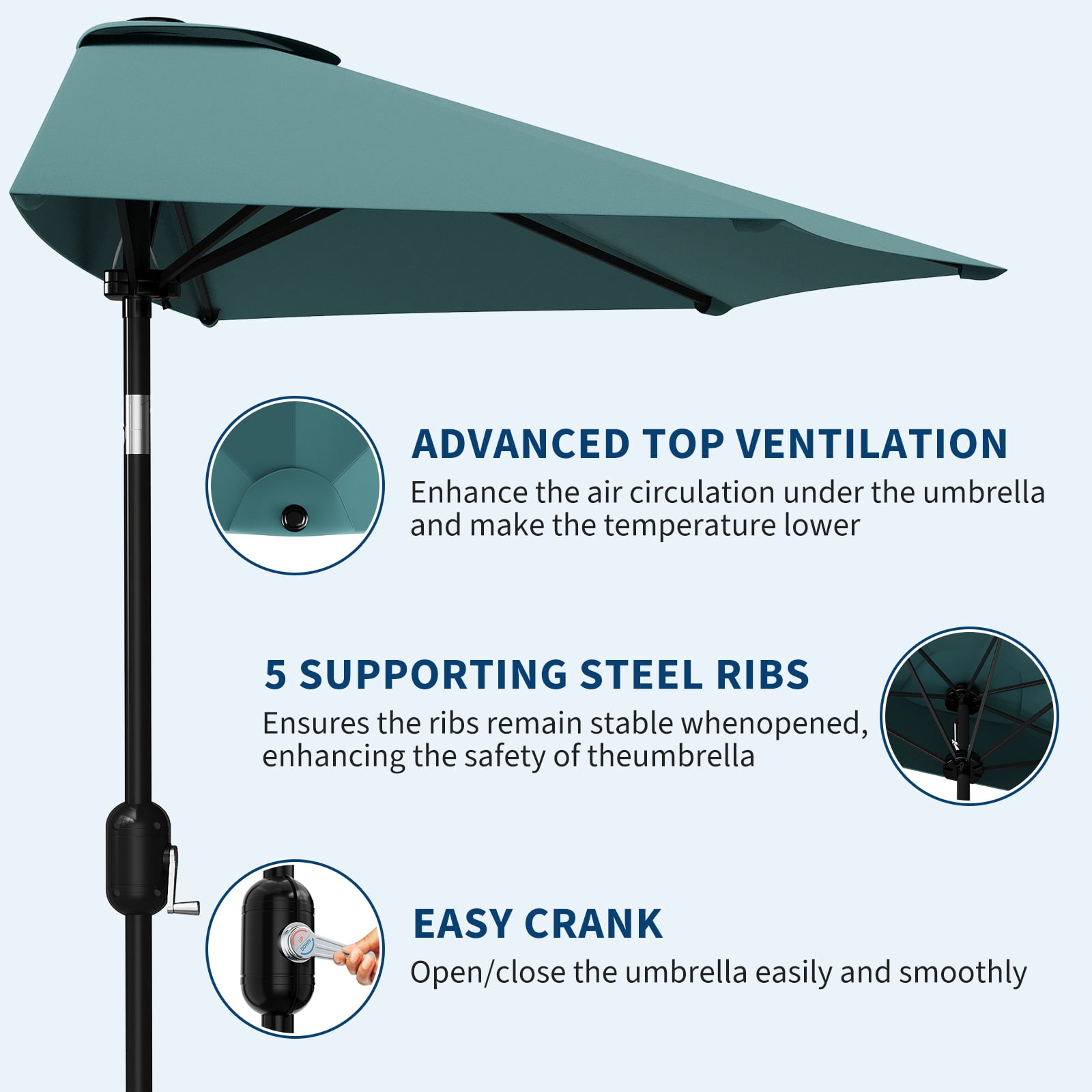 Half Patio Umbrella 9FT – Outdoor Shade Canopy with Smooth Crank Lift, UV Protection, Ideal for Balcony, Deck, Garden, Patio, or Backyard – Turquoise