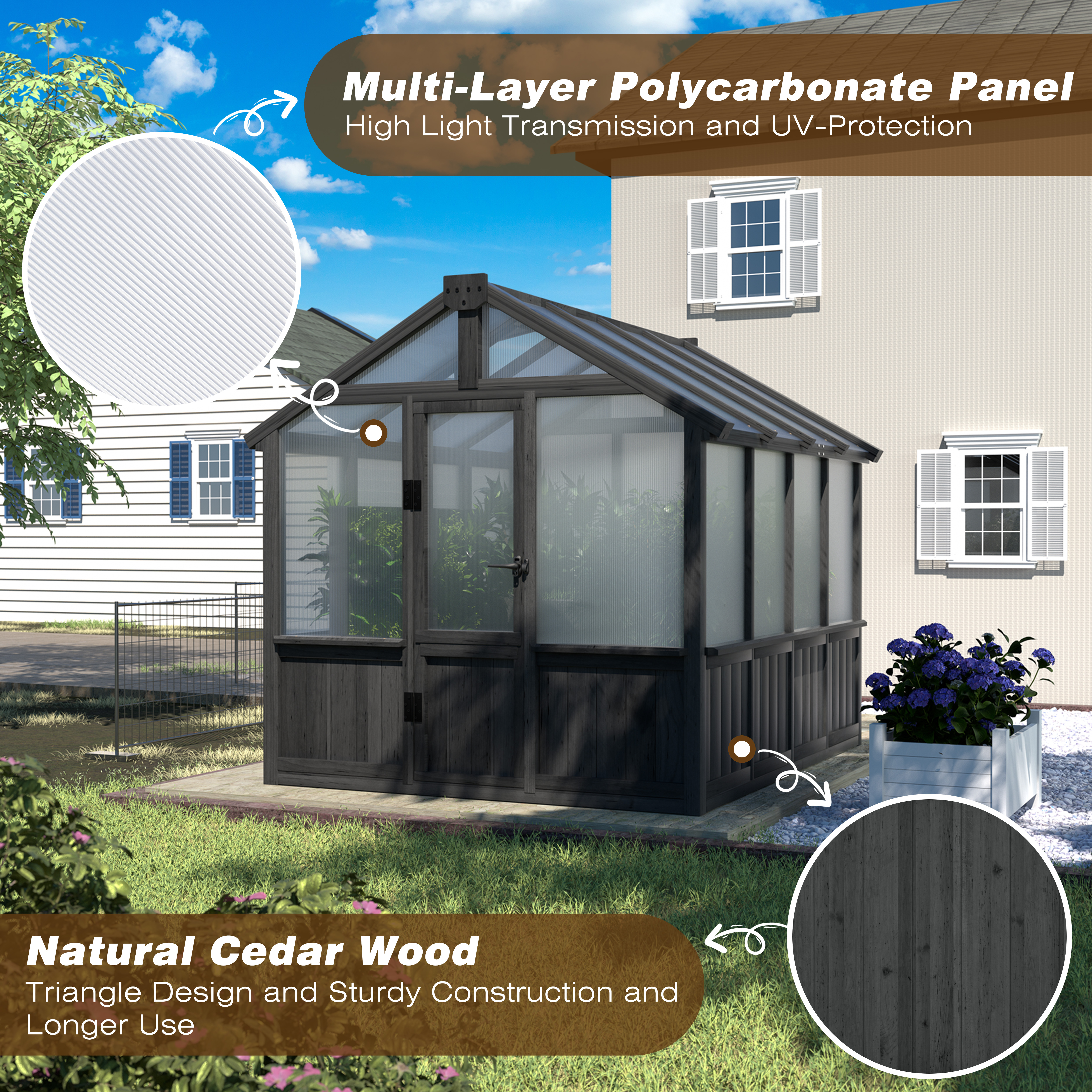 VEIKOUS 6 x 8ft Outdoor Walk-in Wood Greenhouse W/ Polycarbonate Panels, Adjustable Roof Vents & Lockable Door, Black