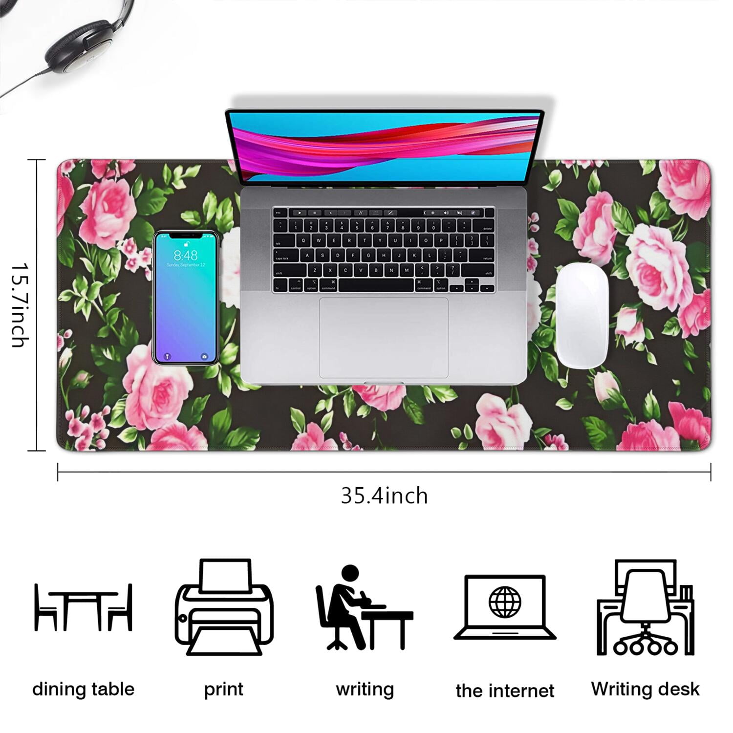 Long Mouse Pads for Desk,Pioneer Flower Floral Print Pattern Desk Mats on Top Of Desks, Desk Mouse Pad Extra Large with 3mm Non-Slip Base and Stitched Edge for Gaming,Office,Work,Home 35.4"x15.7"