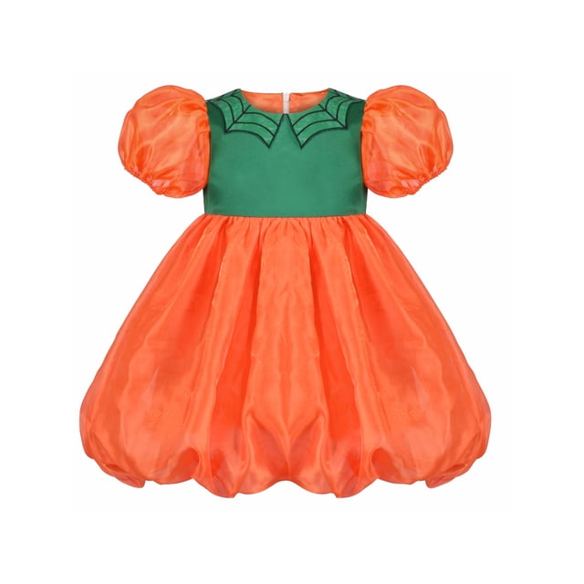 Robe Fille Halloween Col en Filet Araignée Orange Citrouille Manches Bouffantes 7 Ans