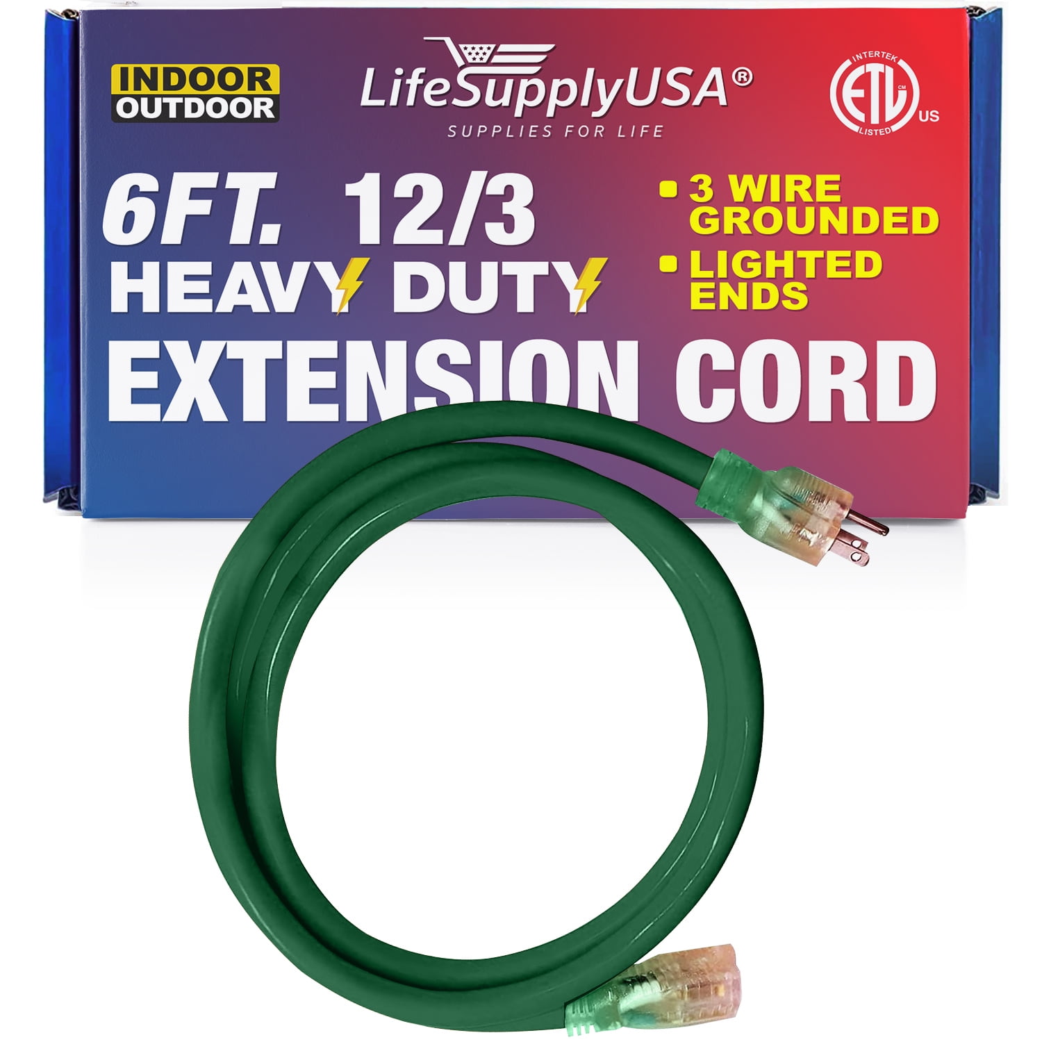 6 ft Power Extension Cord Outdoor & Indoor Heavy Duty 12 gauge/3 prong
