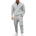 thumbnail image 2 of Men's Winter 2-Piece Set, Quarter-Zip Stand Collar Fleece Sweatshirt with Multi Pockets and Cargo Jogger Pants, Casual Workwear For Cold Weather,Light Gray,XL, 2 of 8