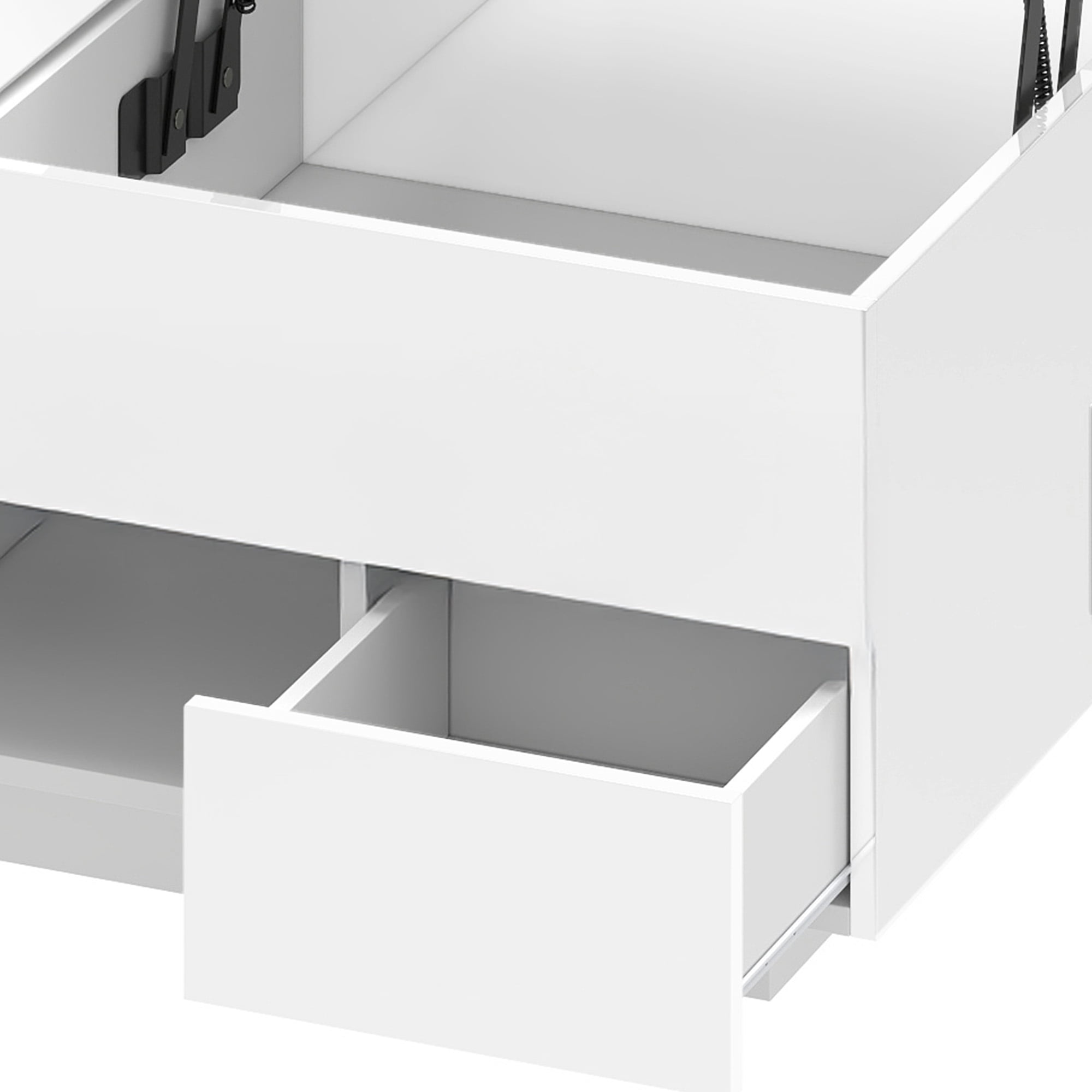 Uforic Lift Top Table with Drawers & LED Lights, High Gloss Coffee Table with Power Outlets, White
