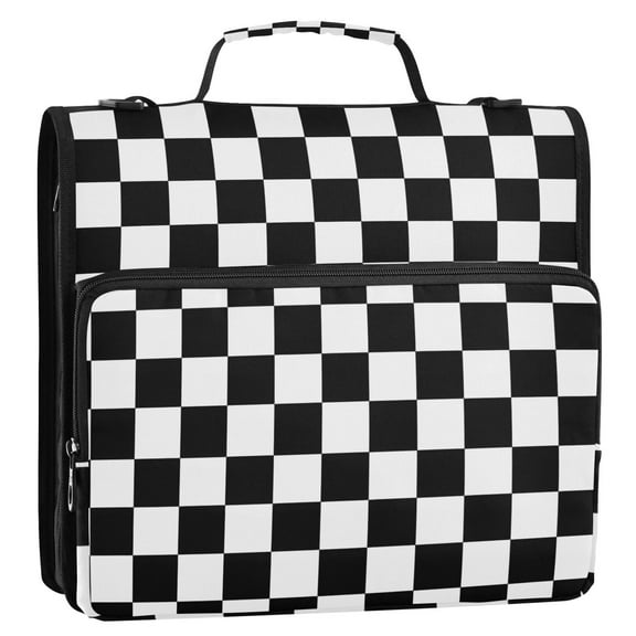 Black-white Plaid Binder Bag with Shoulder Strap 3 Ring Zipper Binder File Folder Document Storage