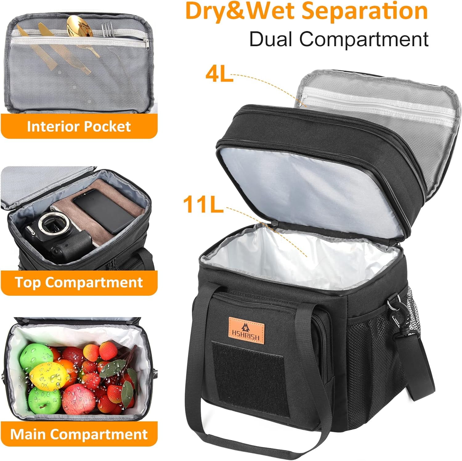 HSHRISH Expandable Large Tactical Lunch Box for Adults, Durable Insulated Lunch Bag with Shoulder Strap, Soft Cooler Bag for Men Work Outdoor Picnic Trips, 20 Can/16 L, Black