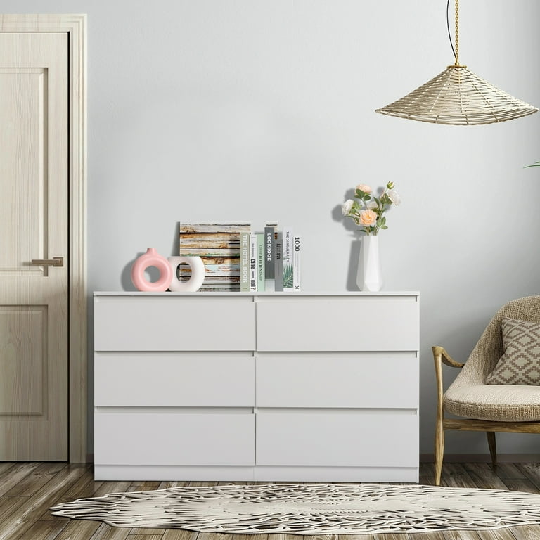 Ktaxon 6 Drawer Double Dresser, Wood Storage Cabinet, White Chest
