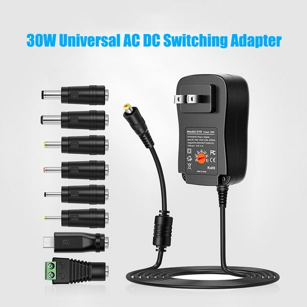 Adaptateur d'alimentation universel AC vers DC 30 W avec port USB 5 V 2,1  A, alimentation enfichable AC 3 V vers tension de sortie réglable avec 8  embouts d'adaptateur DC pour l'électronique