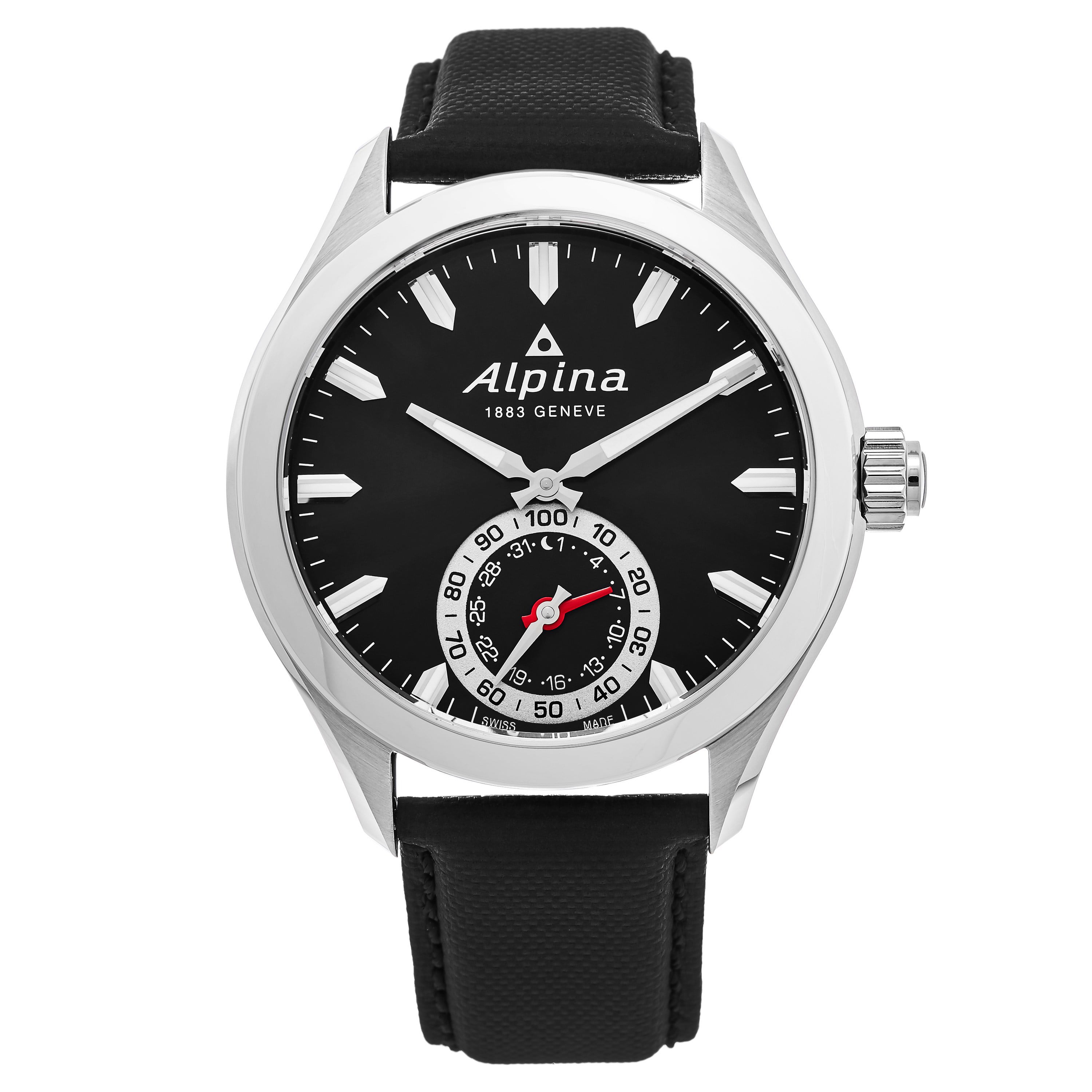 Alpina Men S Smart Watch Black Dial Black Leather Strap