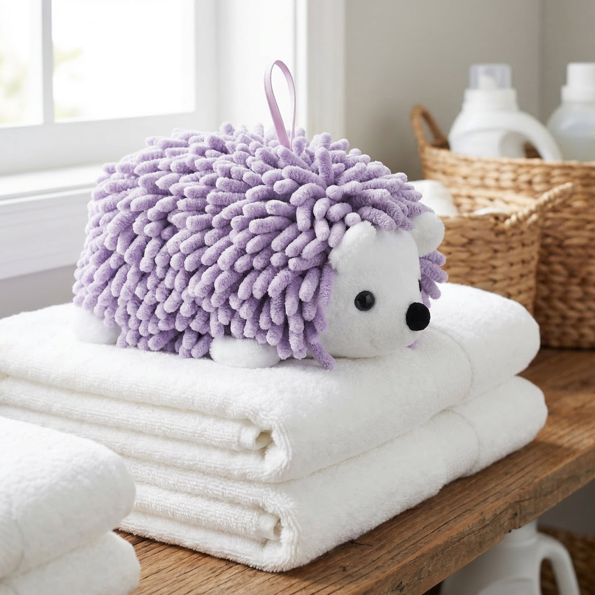 Unique Bargains Cute Animal Chenille Hanging Hand Towel for Kitchen Purple 10" x 6"