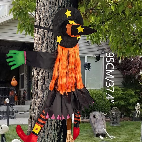Halloween Tree Climbing Witch Brooms Holding Tree White Haired Witch Decoration Hitting Tree Props Outdoor Horror Tree Hanging Witch