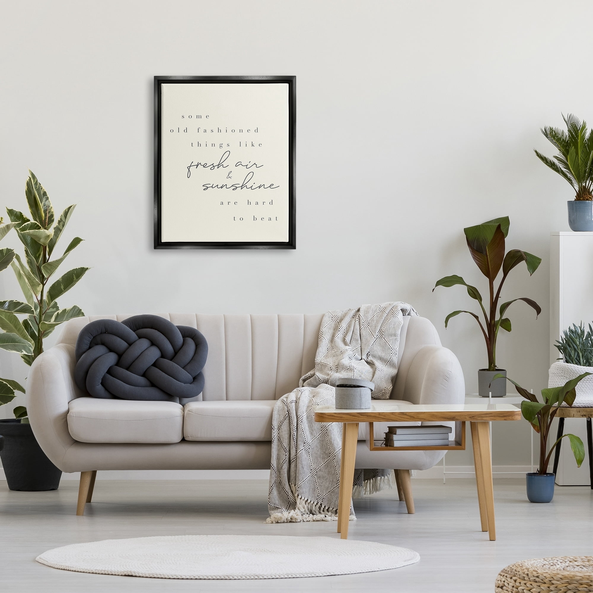 Stupell Industries Fresh Air & Sunshine Comforting Cursive Typography Graphic Art Jet Black Floating Framed Canvas Print Wall Art, Design by Daphne Polselli
