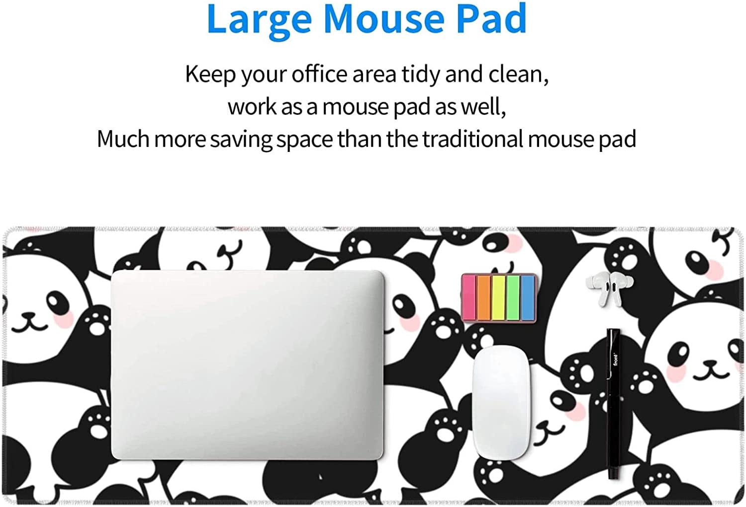 Cute Panda Print Mouse Pad Extended Large Gaming Mouse Pad XL Oversized Desk Pad Stitched Edges Non-Slip Mat 31.5 X 11.8 Inch