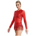 thumbnail image 4 of Xnihocha Women's Sequin Latin Dance Dress Tassel Jazz Dance Leotard Long Sleeve Ballroom Dancewear Red 14, 4 of 6
