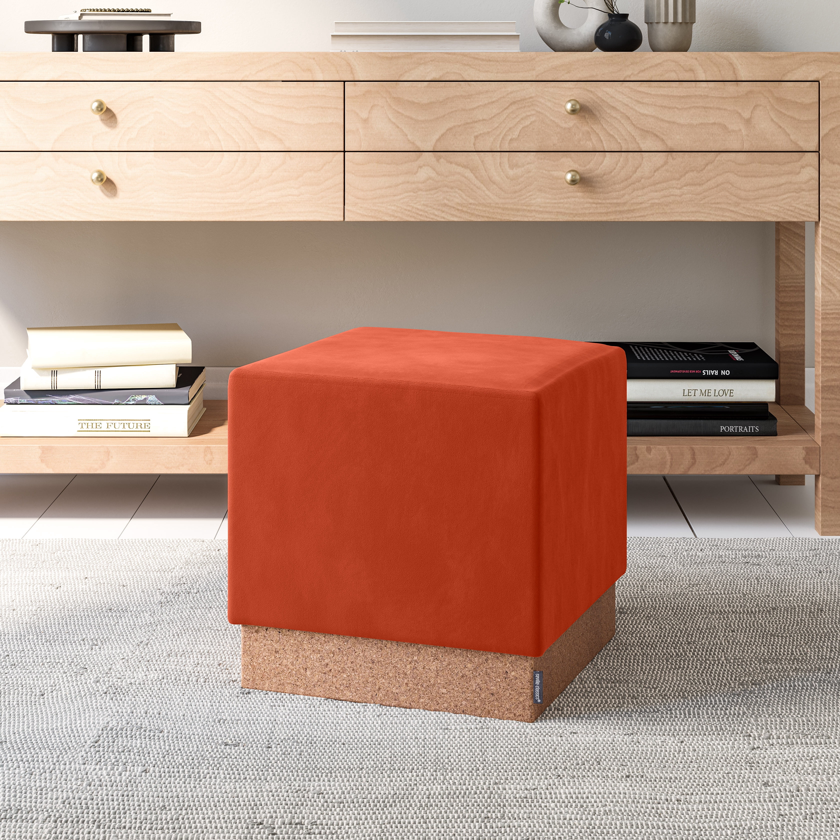 Seville Classics The Vineyard Collection Cork Storage Ottoman Cushioned Fabric, Padded Seat for Bedroom, Dorm, Loft, Living Room, Entryway, Hallway, Burnt Sienna, 15" Cube