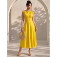 thumbnail image 4 of Women Round Neck Cap Sleeve Ruched Waist A-Line Midi Dress Solid Color for Party Vacation, 4 of 7