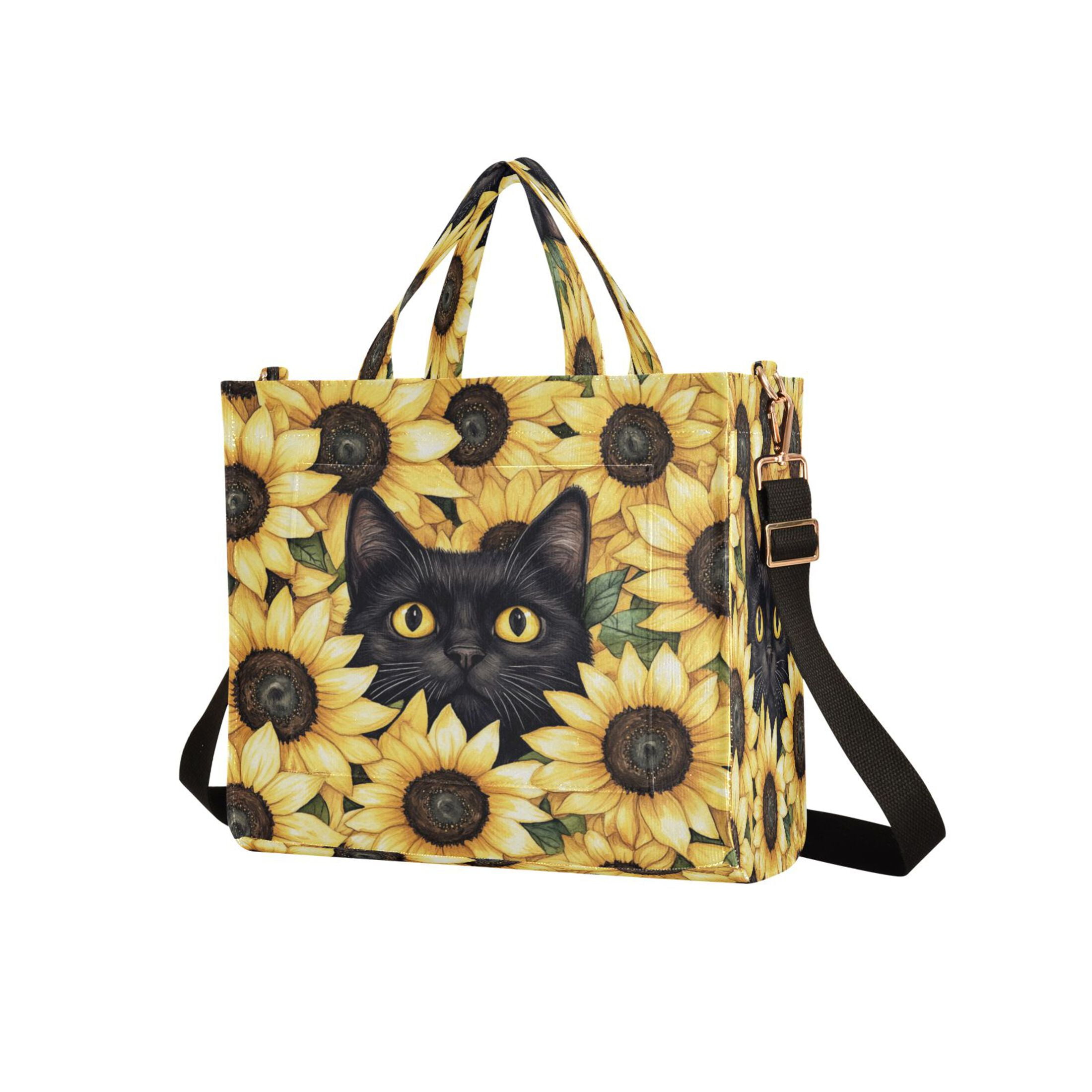 Wobogo Sunflower Cat Corduroy Tote Bag for Women Travel Crossbody Bag Purse Women Shoulder Bags Work Handbags Daily Commuter Bag 10.2×9inch