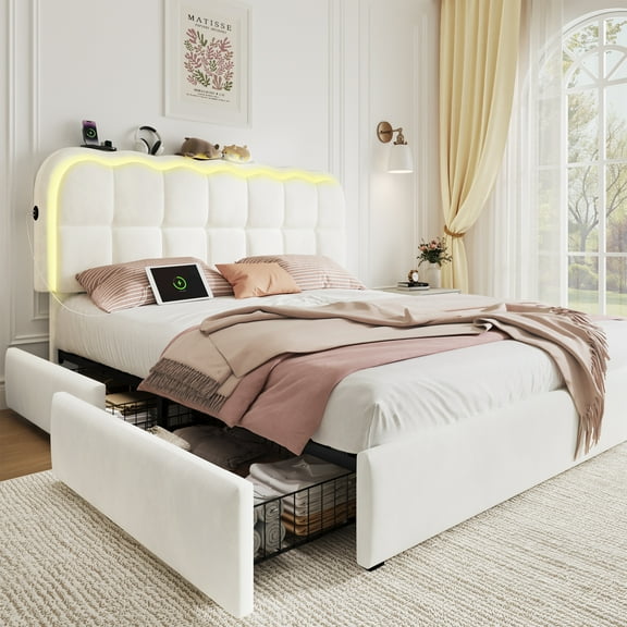 Queen Size Upholstered LED Bed Frame with 4 Storage Drawers and Adjustable Chic Clouds Headboard,Velvet Platform Bed with Charing Station, Wood Slats Support, No Box Spring Needed,White
